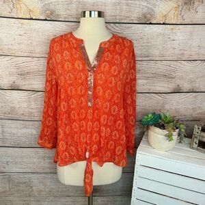 Chico's Women's Orange‎ Geometric Print Sequin Tie Blouse Size 2 Medium